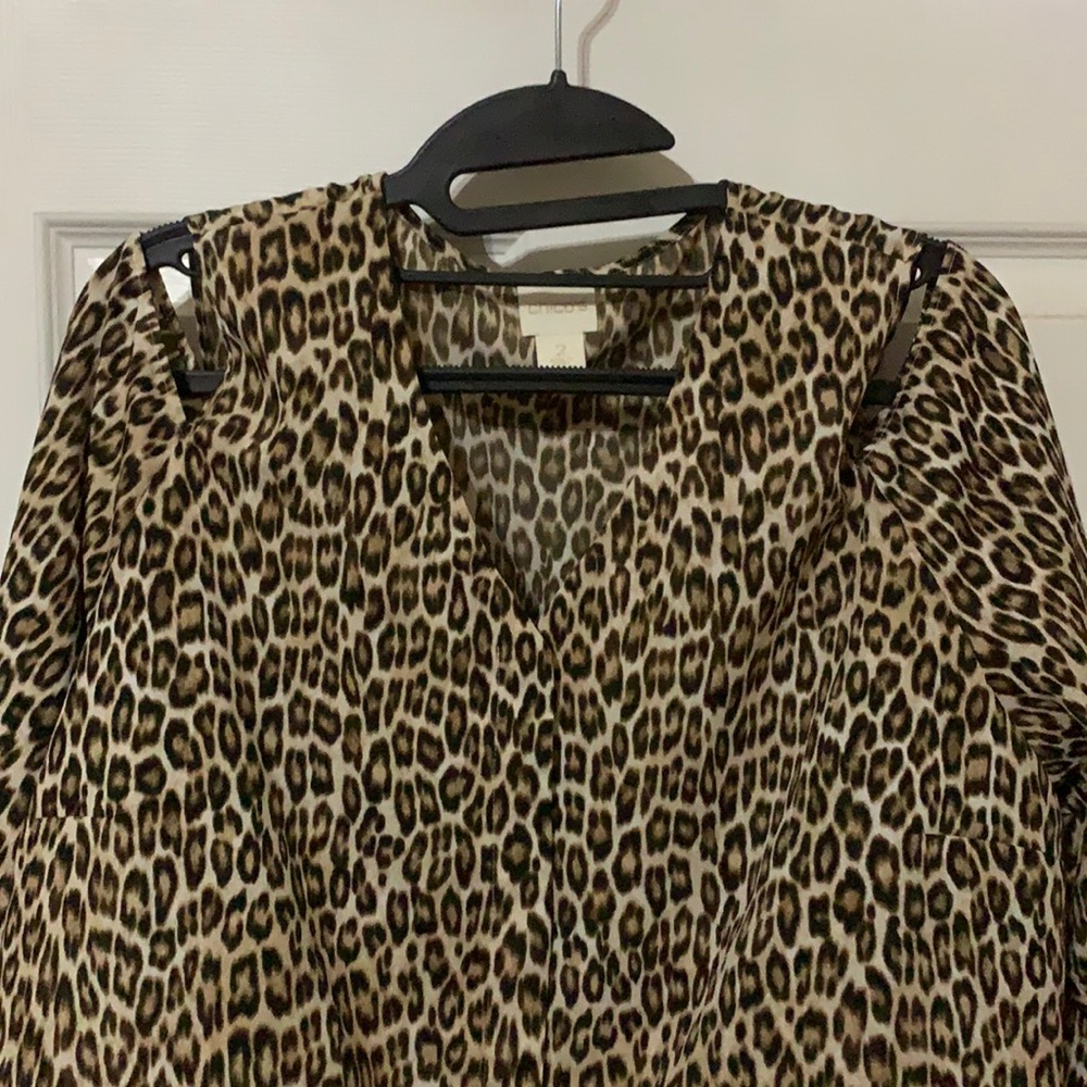 Chico’s animal print open shoulder blouse